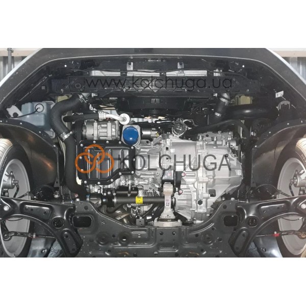 Захист двигуна, КПП, радіатора до авто Hyundai Kona I 2017-2024 V-1,0; 1,6i робот/встановлюється поверх штатного захисту ( TM Kolchuga ) ALuOX